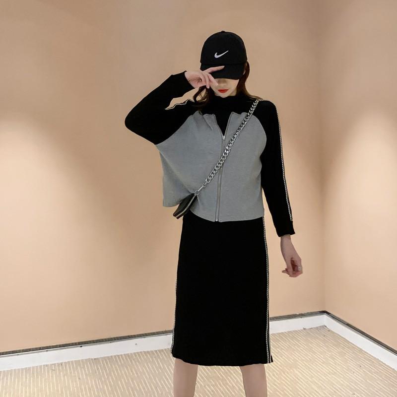 Sét đầm body và áo khoác thun gân trẻ trung, chất liệu thun gân dày dặn, hàng nhập Quảng Châu