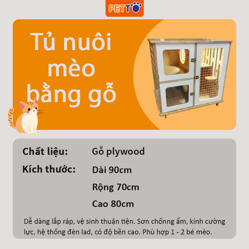 Tủ gỗ nuôi mèo PETTO nhà mèo 3 cửa có hệ thống ĐÈN LED sinh hoạt sạch sẽ bảo hành 1 năm sản xuất tận xưởng CC032_1