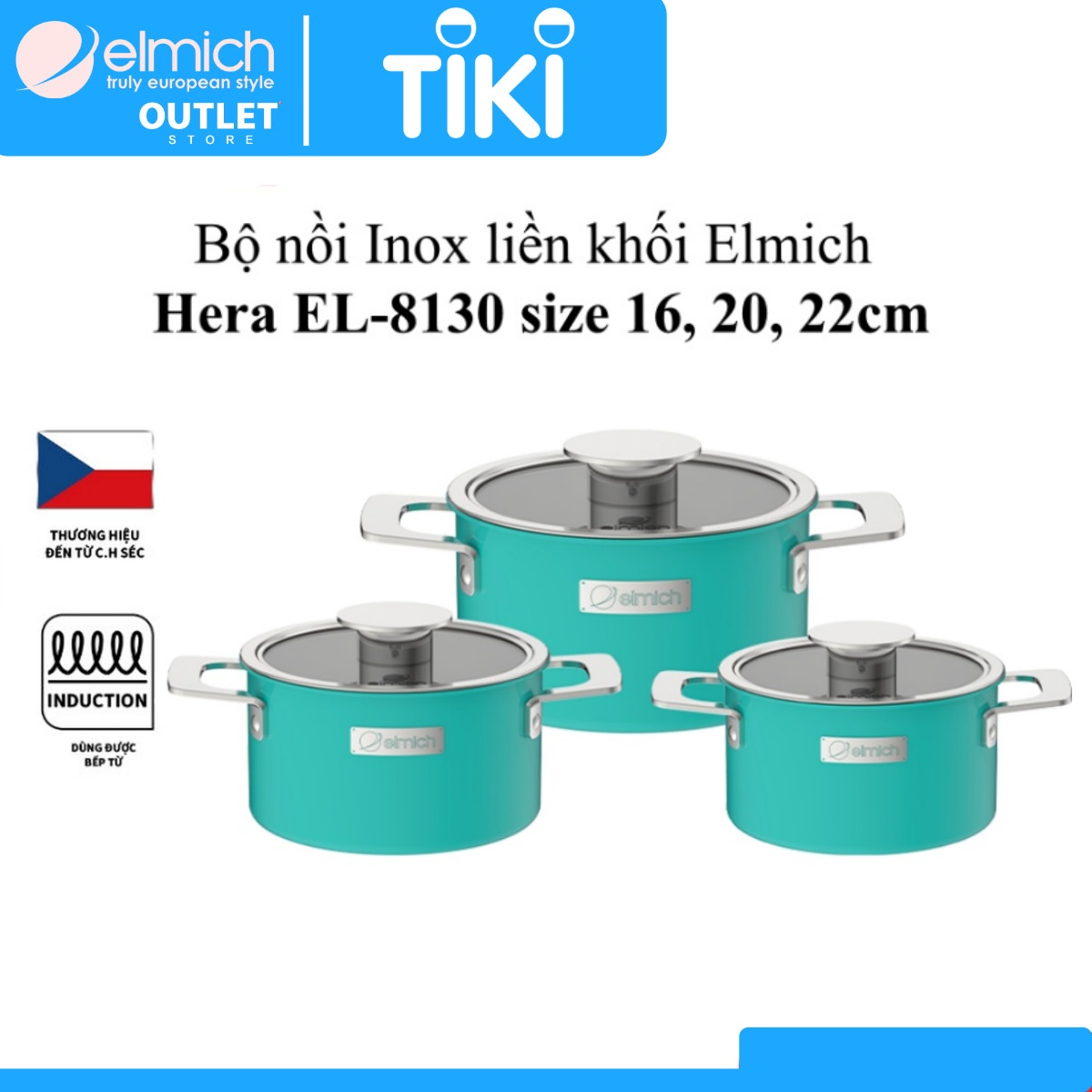 Bộ 3 Nồi Inox Liền Khối Elmich Hera size 16, 20, 22cm Xanh-Tím-Vàng