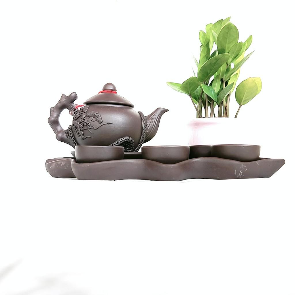 Bộ ấm trà tử sa - Bộ đắp nổi khay hình lá cỡ to - Dung tích 650 ml