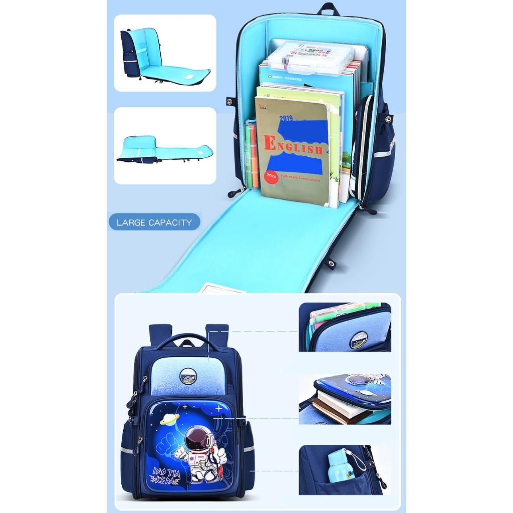 Balo chống gù cho bé đi học tiểu học form hộp đứng nhiều ngăn vải Oxford cao cấp BF18-138L - Xanh Da Trời