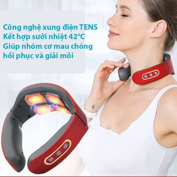 Máy massage cổ vai gáy 3D cao cấp ứng dụng xung điện matxa 6 chế độ, 9 mức cường độ, máy mát xa đốt sống cổ 4 đầu tiếp xúc