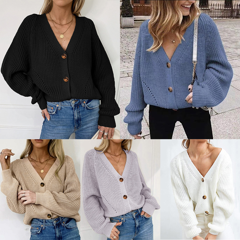 New Women Autumn Winter Oversize Knitted Sweater Solid Casual Cardigan Deep V-Neck Drop Long Sleeves Knitwear Outwear