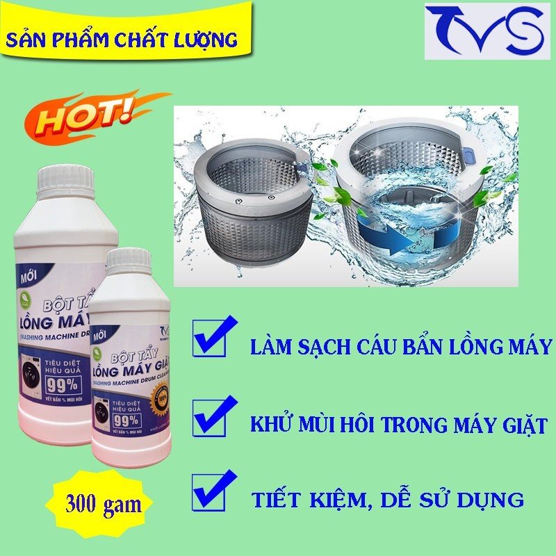 Combo 2 chai bột tẩy lồng máy giặt chai lớn TVS trọng lượng 300gam một chai, tẩy ố cáu, vệ sinh khử trùng lồng máy giặt cửa đứng cửa ngang đa năng dễ sử dụng, 1 chai có thể dùng 2-3 lần