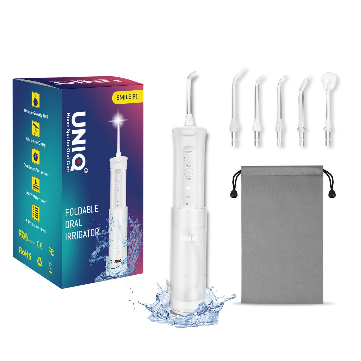 Tăm Nước Cầm Tay UNIQ Smile F1 Nhật Bản Cao Cấp Máy Vệ Sinh Răng Miệng Mini Tốt Xịt Xỉa Rửa Làm Sạch Kẽ Răng Niềng Dụng Cụ Cạo Lưỡi Waterpik May Tam Nuoc Du Lịch Không Dây Nhập Khẩu