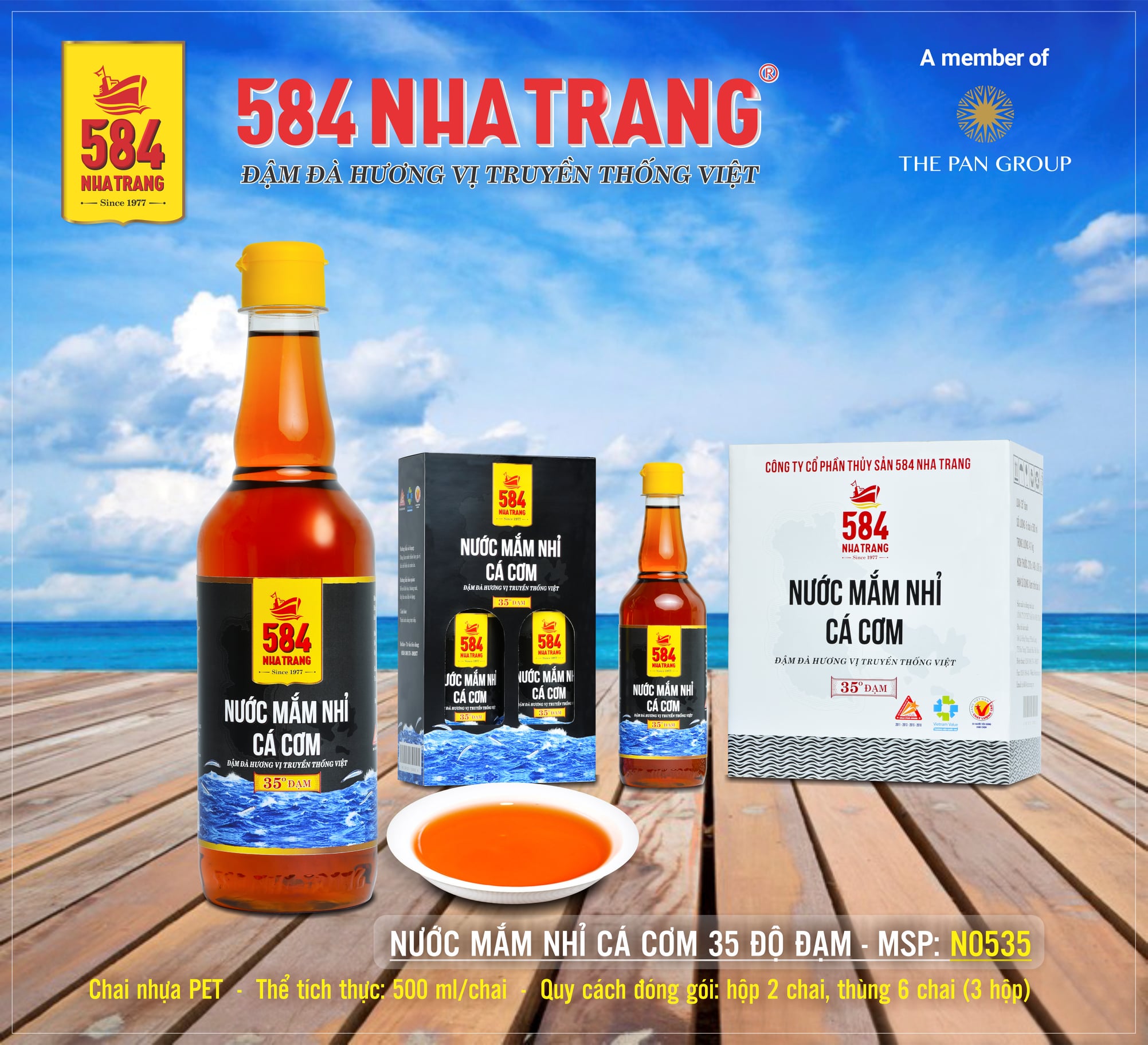 Thùng 6 chai Nước mắm Nhỉ Cá cơm - 584 Nha Trang - 35 độ đạm - Chai Nhựa PET 500ml, Date luôn mới