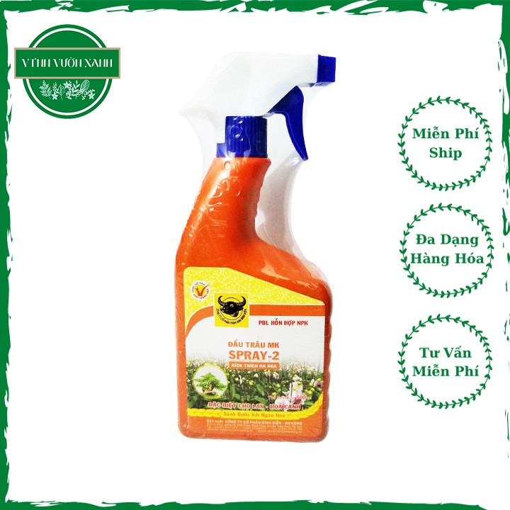 Phân bón lá SPRAY 2 Đầu Trâu kích thích ra hoa sớm, nở to, màu đẹp chuyên dùng cho hoa hồng, hoa lan, kiểng - chai 500ml