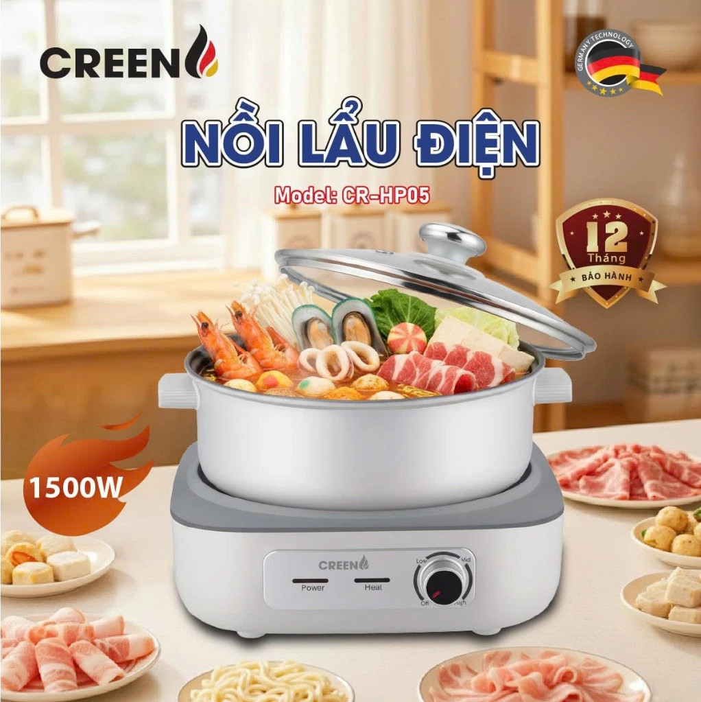 Nồi Lẩu Điện Đa Năng 5L CREEN CR-HP05 Thiết Kế Tháo Rời Độc Đáo, 1500W Bảo Hành 12 Tháng - Hàng Chính Hãng