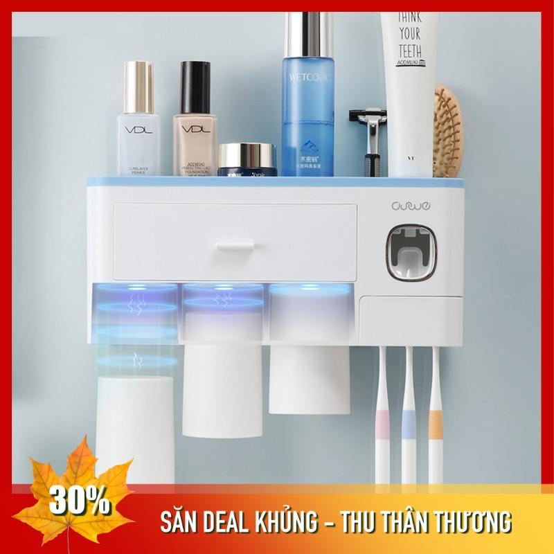 Kệ Nhà Tắm Thông Minh I Kèm cốc hút từ tính + Bộ nhả kem đánh răng tự động I Dán tường