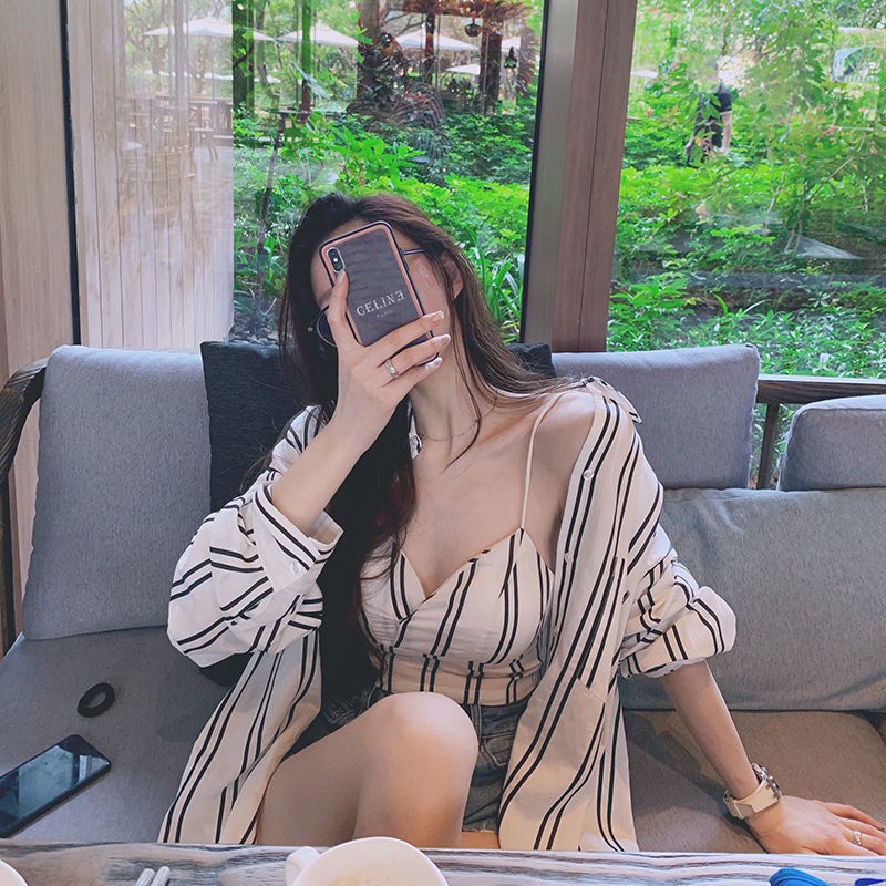 Bộ Áo Sơ Mi Kẻ Áo Bra Nữ 2 Dây Set Somi Dài Tay Kèm Áo Lót Có Mút Ngực X023