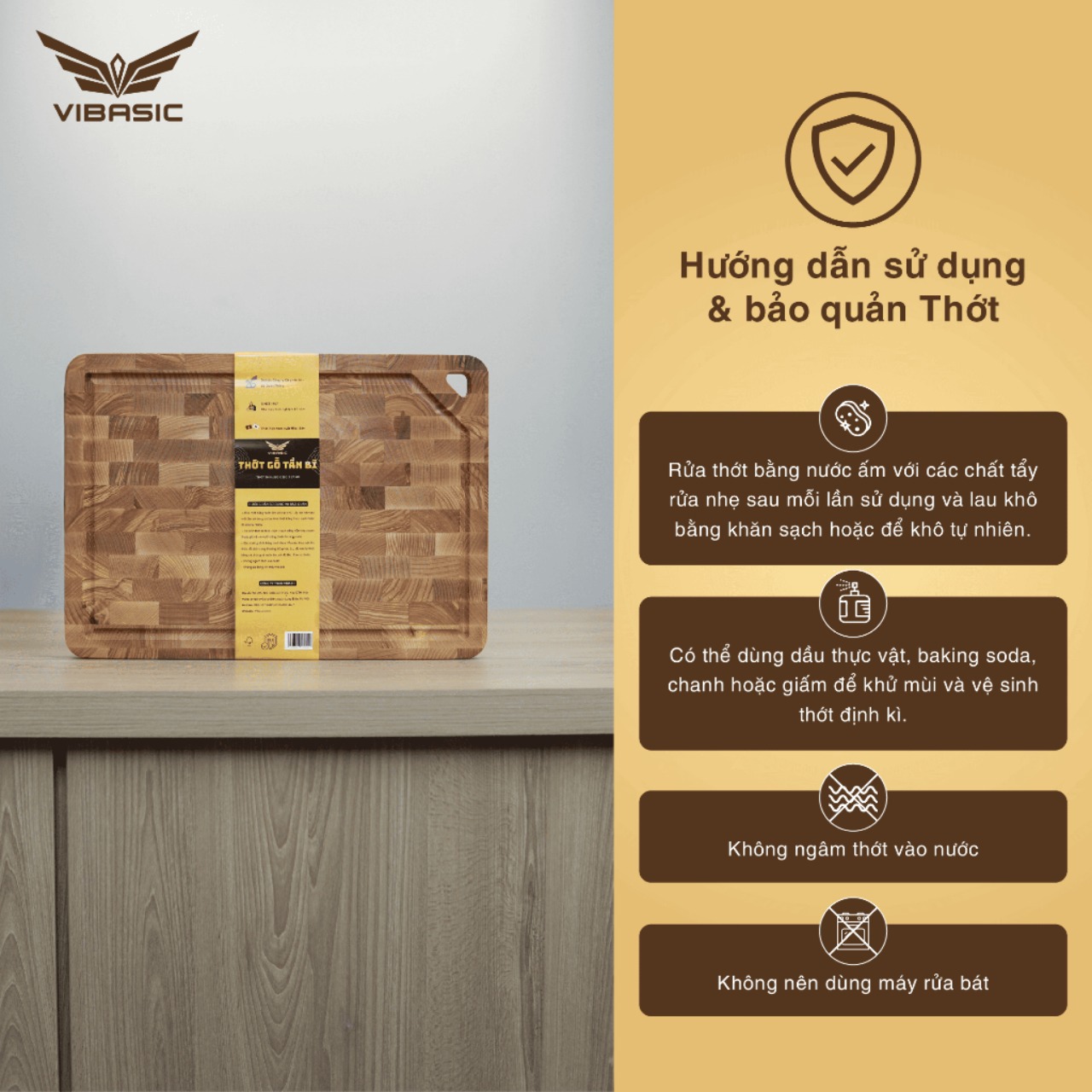 Thớt Tần Bì (Ash wood) Vibasic ghép block, kích thước 350x250x27mm, chuyên thái, có móc treo thớt - Hàng chính hãng Bộ Quốc Phòng