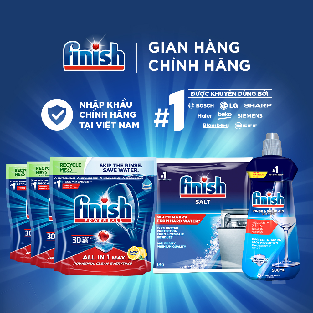 Combo Tiêu Chuẩn: 3 X Túi 30 Viên Nước Rửa Bát All In One Max + Nước Làm Bóng Rinse &amp; Shine Aid + Dung Dịch Tẩy Rửa Máy Rửa Chén Bát.