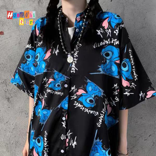 Áo Sơ Mi Hoạ Tiết Tay Lỡ Dáng Rộng, Sơ Mi Con Xanh Tay Lửng Unisex - MM