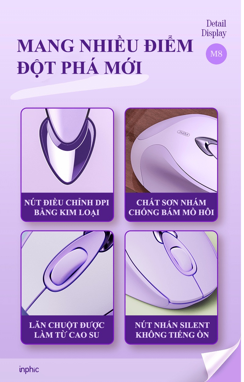 Chuột không dây INPHIC M8BT kết nối bằng Bluetooth thiết kế nhỏ gọn với màu tím Lavender cực đẹp dành cho các bạn nữ - HN - HÀNG CHÍNH HÃNG