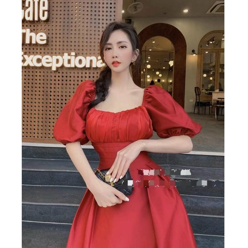 Đầm xoè dự tiệc cổ vuông phối voan tơ cao cấp