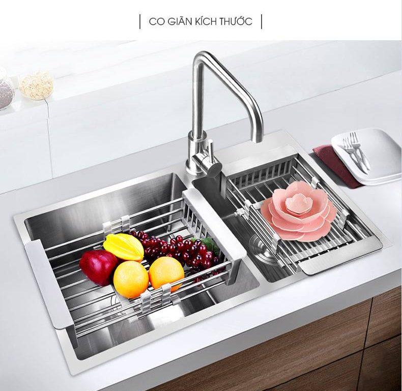 Khay inox gác bồn rửa chén thông minh điều chỉnh được kích thước, rổ treo bồn rửa bát đa năng bền đẹp siêu tiện lợi