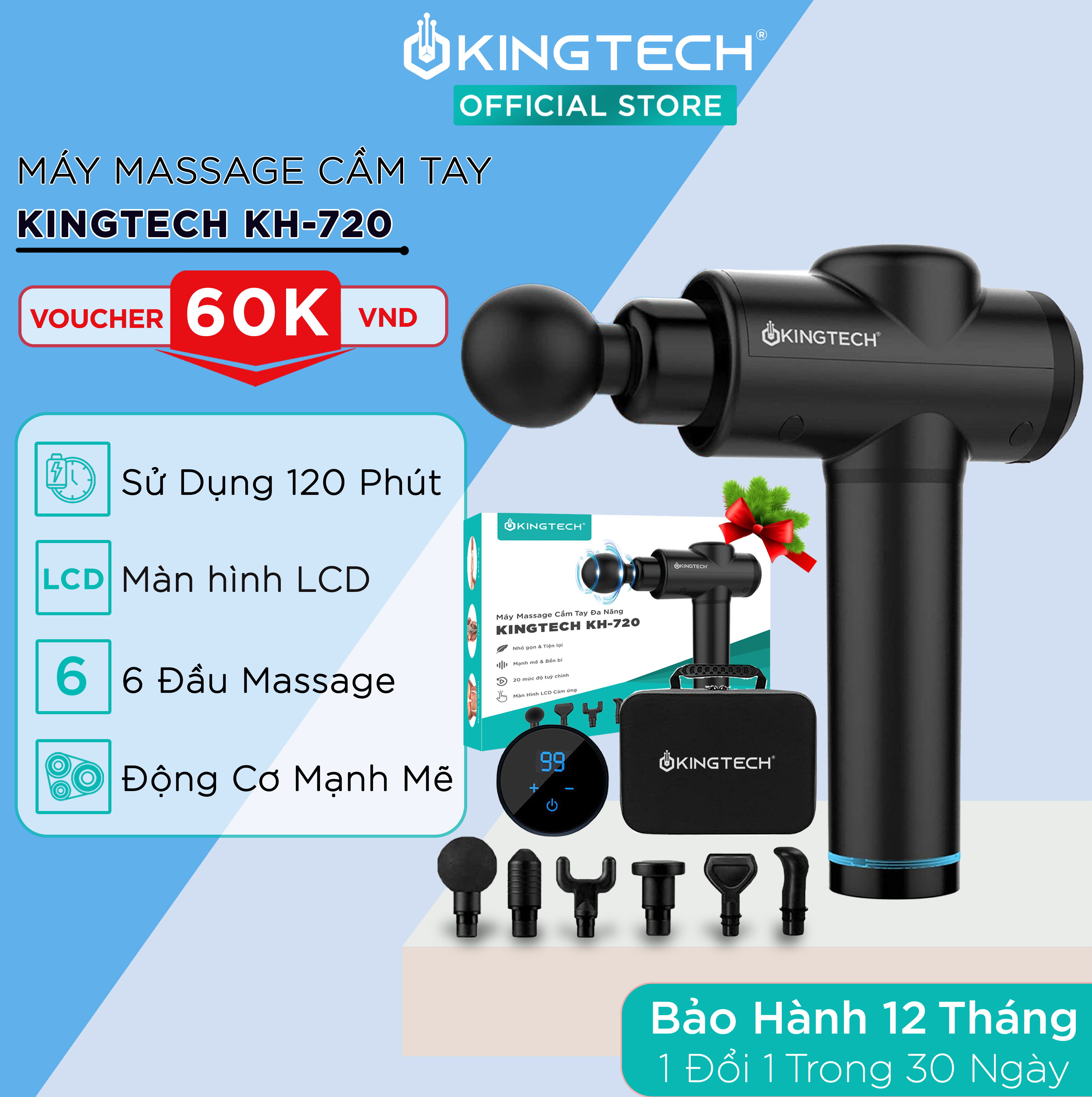 Máy Massage Cầm Tay Cao Cấp KINGTECH KH-720 - 20 Cấp Độ, Hỗ Trợ Mát Xa Chuyên Sâu, Giảm Đau Cơ, Cứng Khớp - Chính Hãng