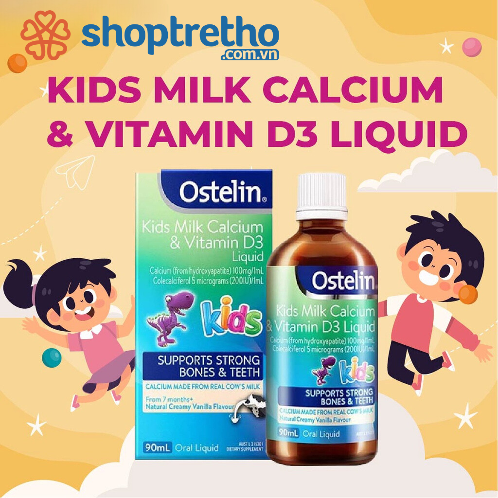 Vitamin D3 200IU và Canxi dạng nước cho bé Ostelin Kids Milk Calcium & Vitamin D3 Liquid 90ml của Úc