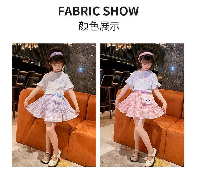 DONGSHOP Cô gái ăn mặc mùa hè phong cách phương Tây 2022 trẻ em Hàn Quốc mùa hè lưới đỏ kẻ sọc ngắn tay áo hai mảnh váy