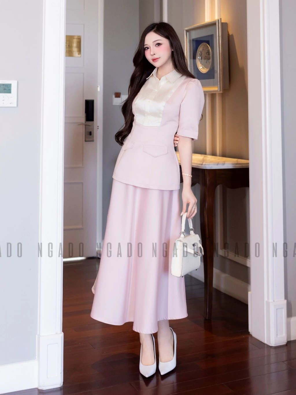 Set áo váy hồng cổ phối trắng NGADO , set áo kèm chân váy xòe , set váy công dở , dự tiệc