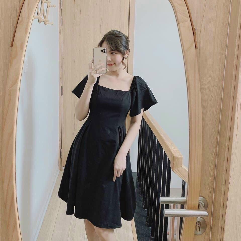 Đầm Midi cổ chữ U màu đen quyến rũ thời trang ReseD