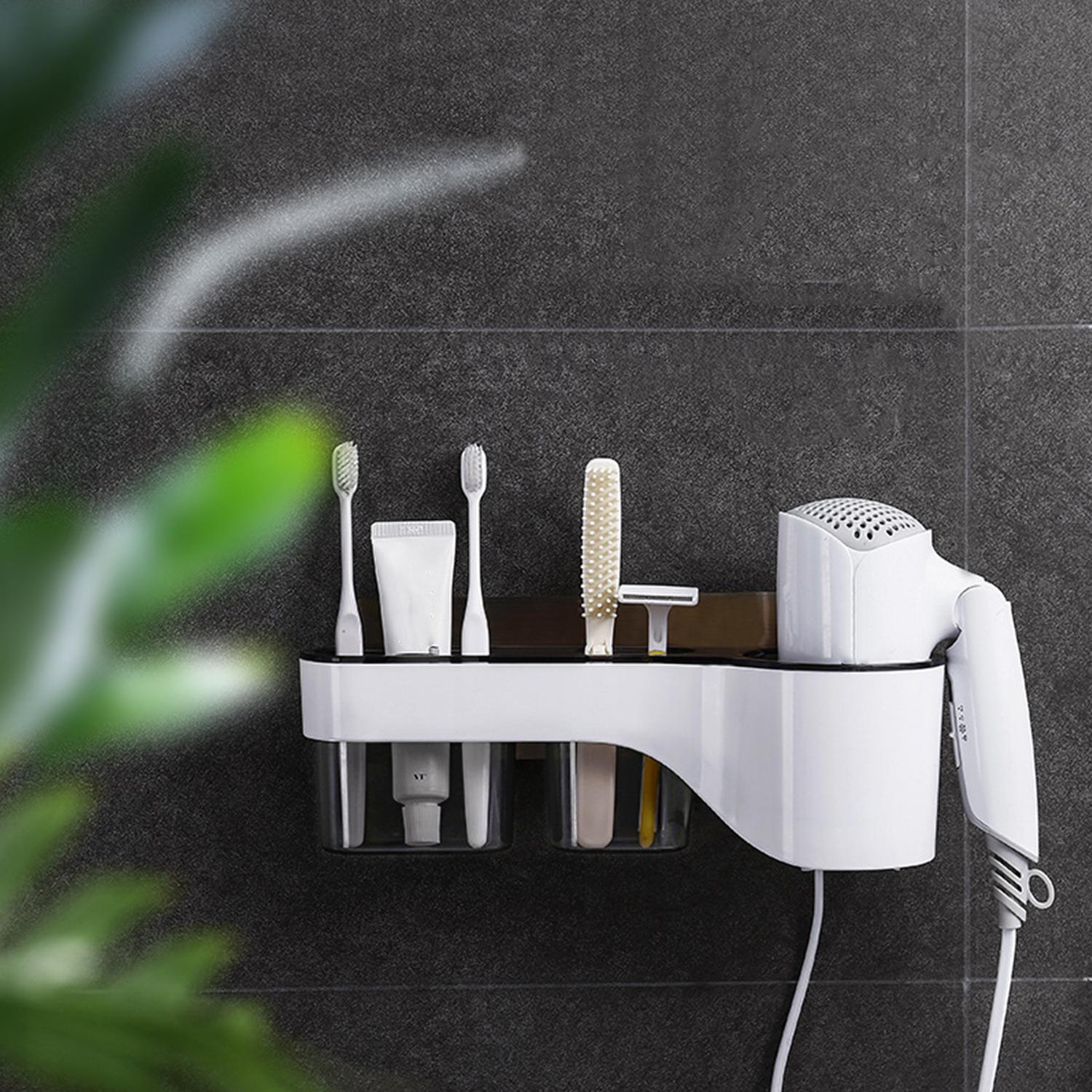 Giá đỡ máy sấy tóc treo tường, có rãnh đựng cốc và các dụng cụ tạo kiểu