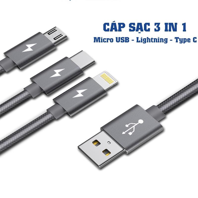 Dây cáp sạc YOOBAO YB453 3 IN 1 ip, micro, type C, bọc vải dù siêu bền, dài 1.2m - Hàng nhập khẩu