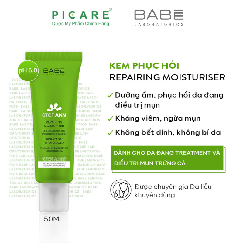 Kem Dưỡng Phục Hồi Da Sau Treatment, Thấm Siêu Nhanh Babe Stop Akn Repairing Moisturiser 50ml