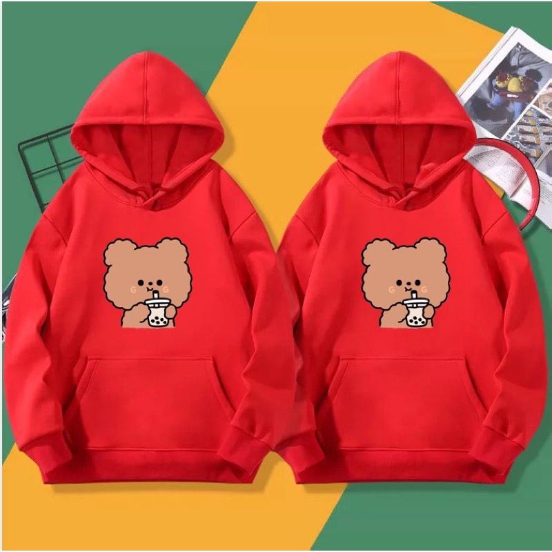 Áo hoodie nam nữ in gấu nâu uống trà sữa