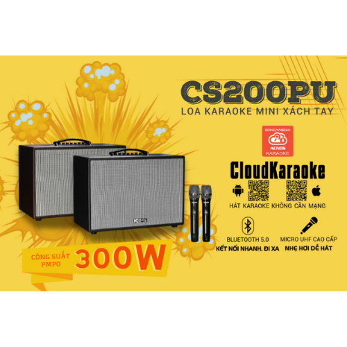 Loa Karaoke mini xách tay ACNOS SONCAMEDIA CS200PU- Bọc Da Cao Cấp Sang Trọng - Công Suất 300W - Tặng kèm 2 micro không dây - Hàng chính hãng