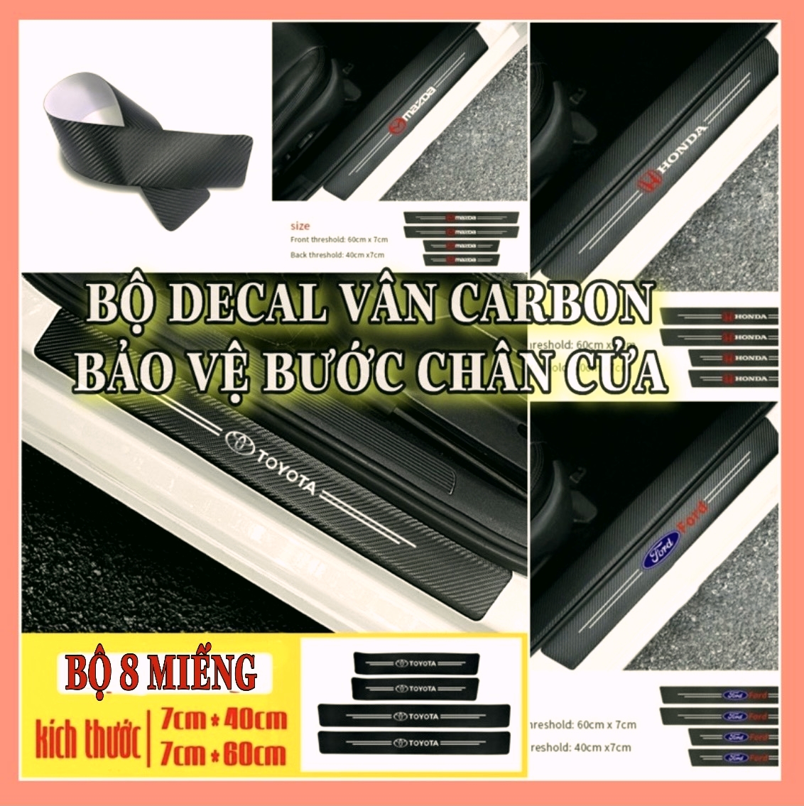 [BỘ 8 MIẾNG 4 CỬA] Miếng dán chống trầy xước bậc cửa xe hơi ô tô sợi carbon bền đẹp có in logo hãng