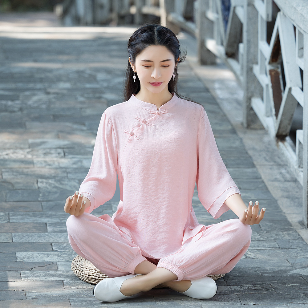 Đồ lam đi lễ chùa, đồ thiền, yoga- Bộ nữ cổ tàu ống bo màu hồng Thiền Chay