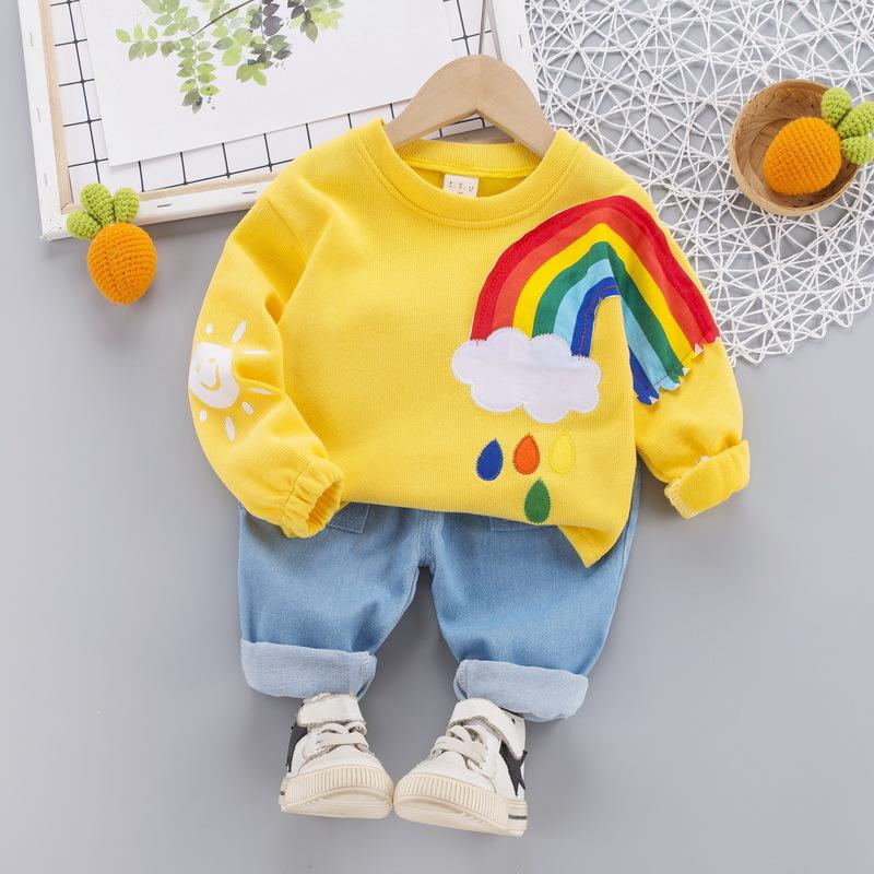 0-4 Năm Tuổi Bộ Quần Áo Bé Trai Mùa Xuân Và Mùa Thu Phù Hợp Với Bé Trai Rainbow Áo Len Cổ Tròn + Quần Jean Thường Ngày quần Áo Cho Bé 2 Phù Hợp Với