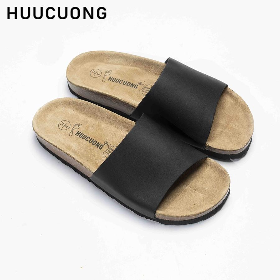 Dép unisex HuuCuong 1 quai da bò đen đế trấu handmade