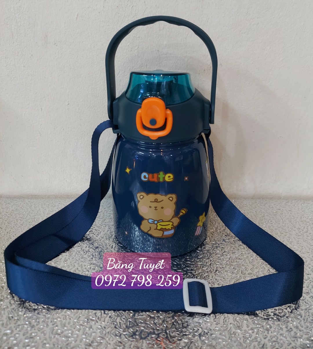 Bình giữ nhiệt cute có dây đeo có ống hút inox 304 tặng sticker 1100ml Bình giữ nhiệt cho bé có ống hút dễ thương