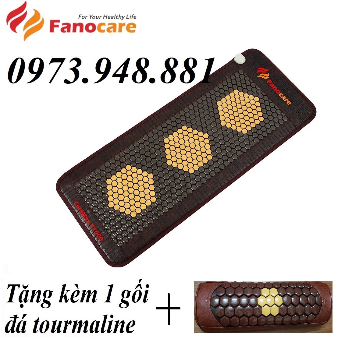 Thảm đá nhiệt nóng Fanocare T1000 KT 60*150cm đá khứa tự tháp (Tặng kèm 1 gối đá tourmaline)