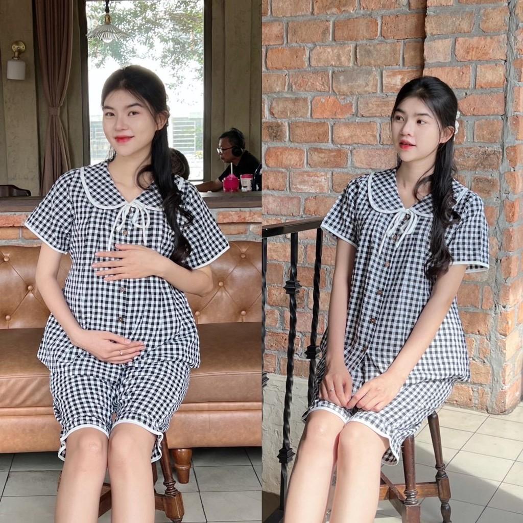 Bộ Đồ Bầu Lửng Karo Mẫu Mới Mùa Hè 2025 Mặc Nhà Chất Cotton Hàn Nhẹ Mát Có Chun Điều Chỉnh - Đỏ