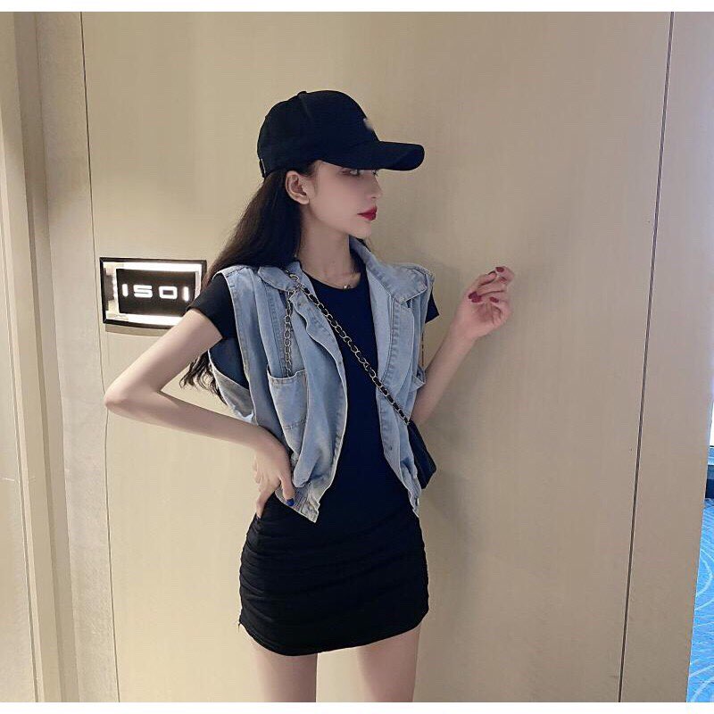 Áo denim không tay retro Hàn Quốc, chất đẹp