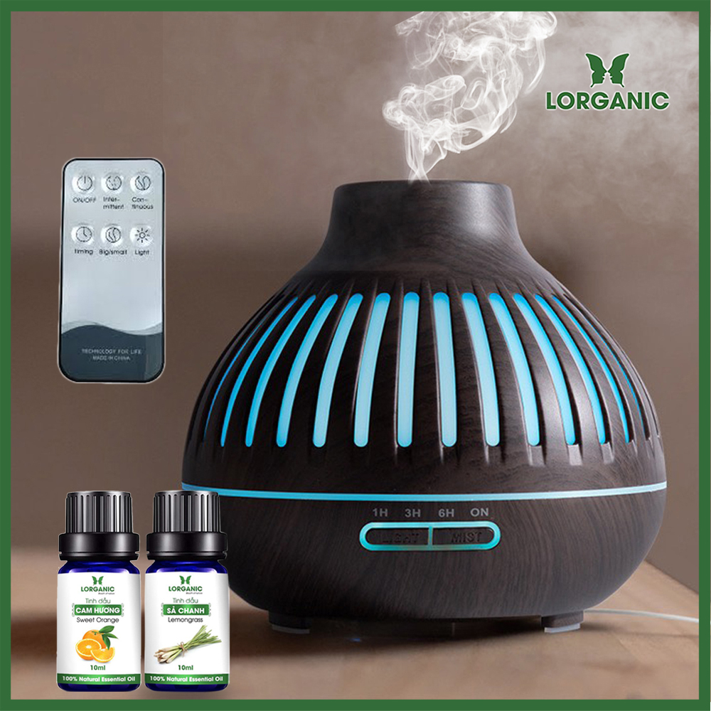 Combo máy khuếch tán/ máy xông tinh dầu núi lửa + tinh dầu sả chanh + tinh dầu cam Lorganic
