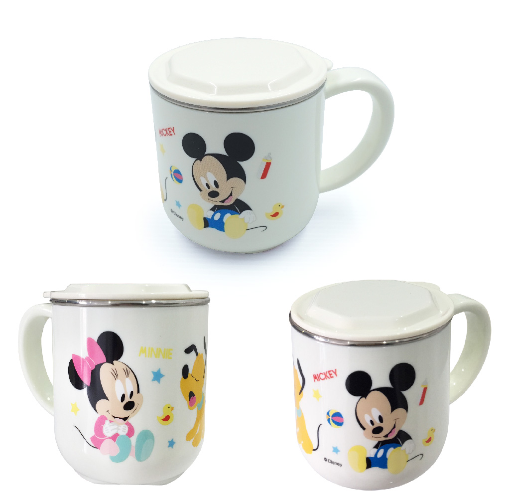 Ly cốc giữ nhiệt Disney in hình chuột Mickey Minnie Mouse màu trắng có nắp và quai cầm cho bé - 260ml