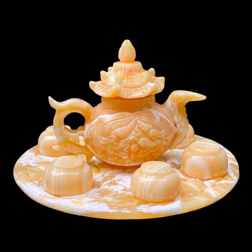 Bộ Ấm Trà Chạm Rồng Thủ Công , Ấm Trà Cung Đình Đá Ngọc Hoàng Long & Đá Ngọc Onyx