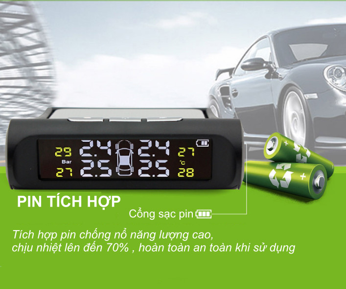 Cảm biến áp suất lốp xe ô tô TPMS thông minh màn hình LCD màu, chạy bằng năng lượng mặt trời lắp van ngoài T3