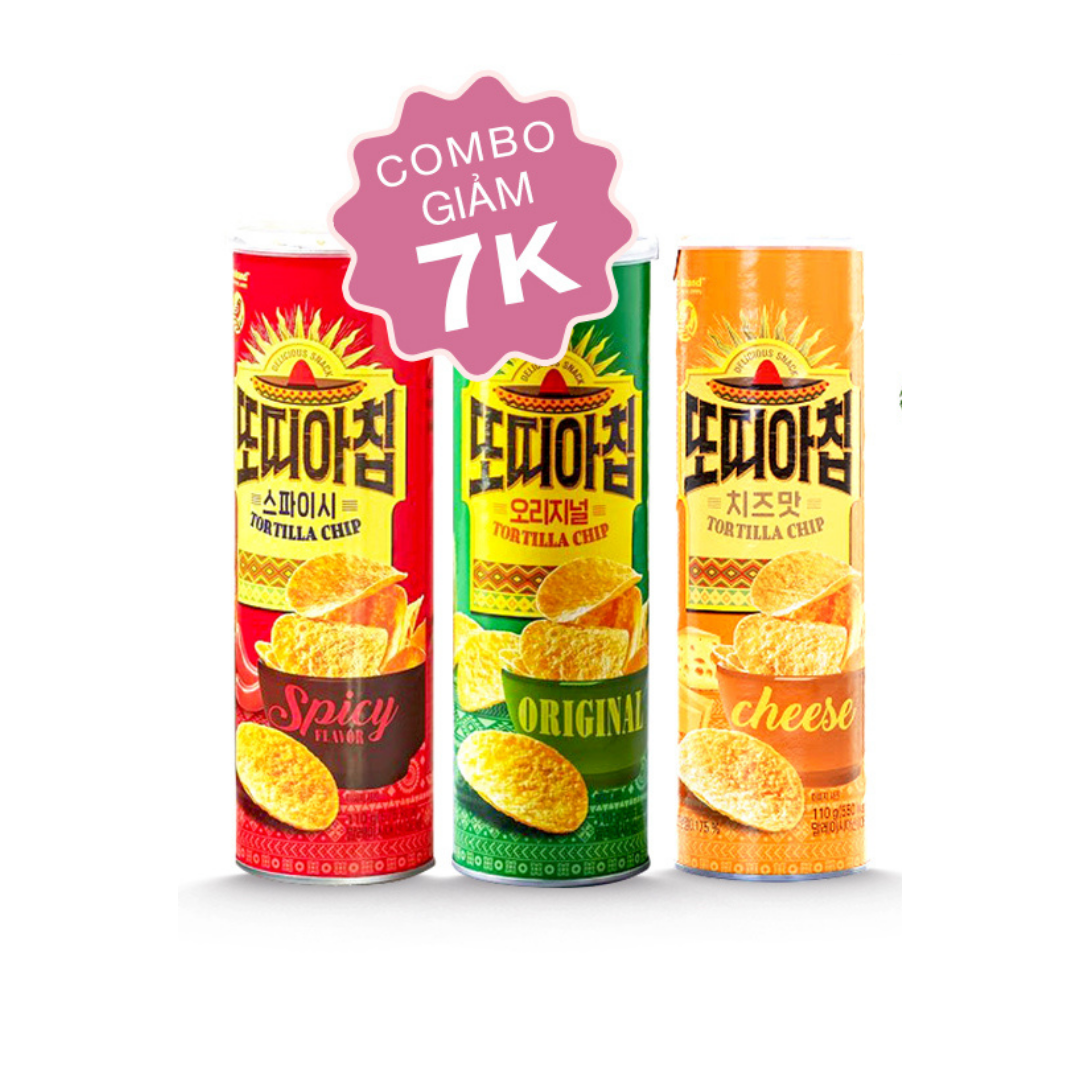 Bộ 3 Snack Khoai Tây Tortilla Vị Truyền Thống + Vị Cay + Vị Phô Mai No Brand Lon 110g