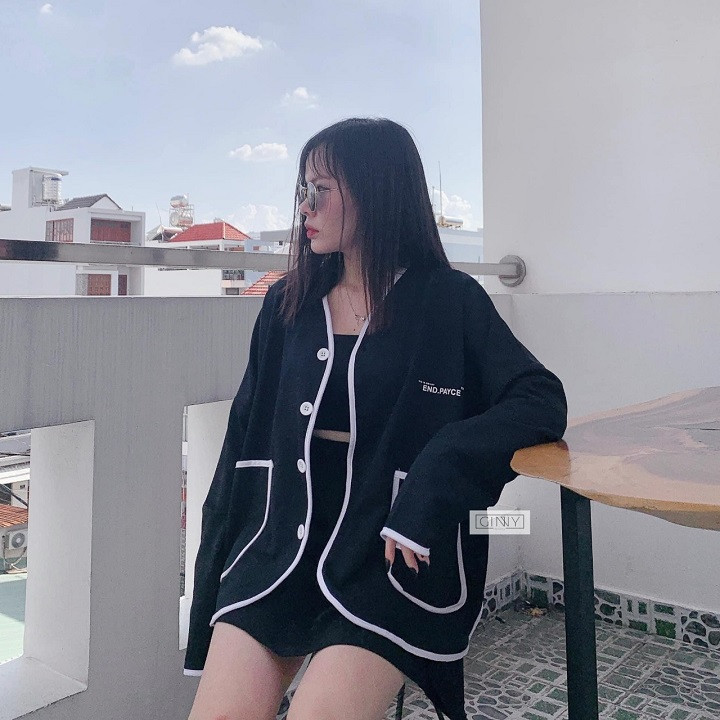 Áo Khoác Cardigan, Sweater, Jacket END PAYCE Nữ Nam Chất Nỉ Unisex Form Rộng Ulzzang 2 Túi Viền Phối Đen Trắng, Áo khoác Cardigan END PAYCE Unisex - Áo khoác nữ Nỉ thun da cá Ulzzang, Áo Khoác Cardigan Ulzzang form thụng