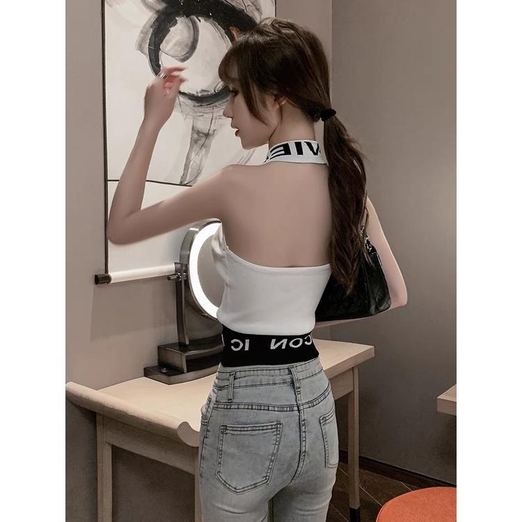 MS617 Áo kiểu nữ yếm cổ bẻ chữ hở lưng phối màu