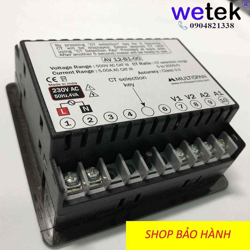 Multispan AV-12, Đồng hồ đo dòng, áp 1 pha, trực tiếp tới 30A, gián tiếp qua CT, cấp cx 0.5, LED hiện số, mặt cánh tủ