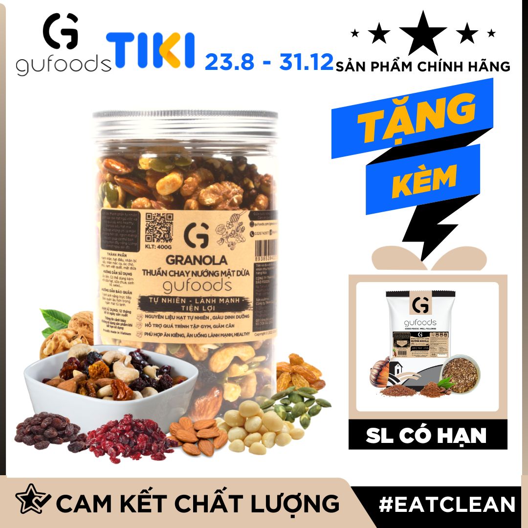 Granola thuần chay nướng mật dừa nước GUfoods (0% yến mạch; Mix siêu hạt mắc ca, nam việt quất, hạnh nhân, hạt điều, nho khô) - Dinh dưỡng, Tiện lợi, Thơm ngon, Giàu lợi ích sức khỏe