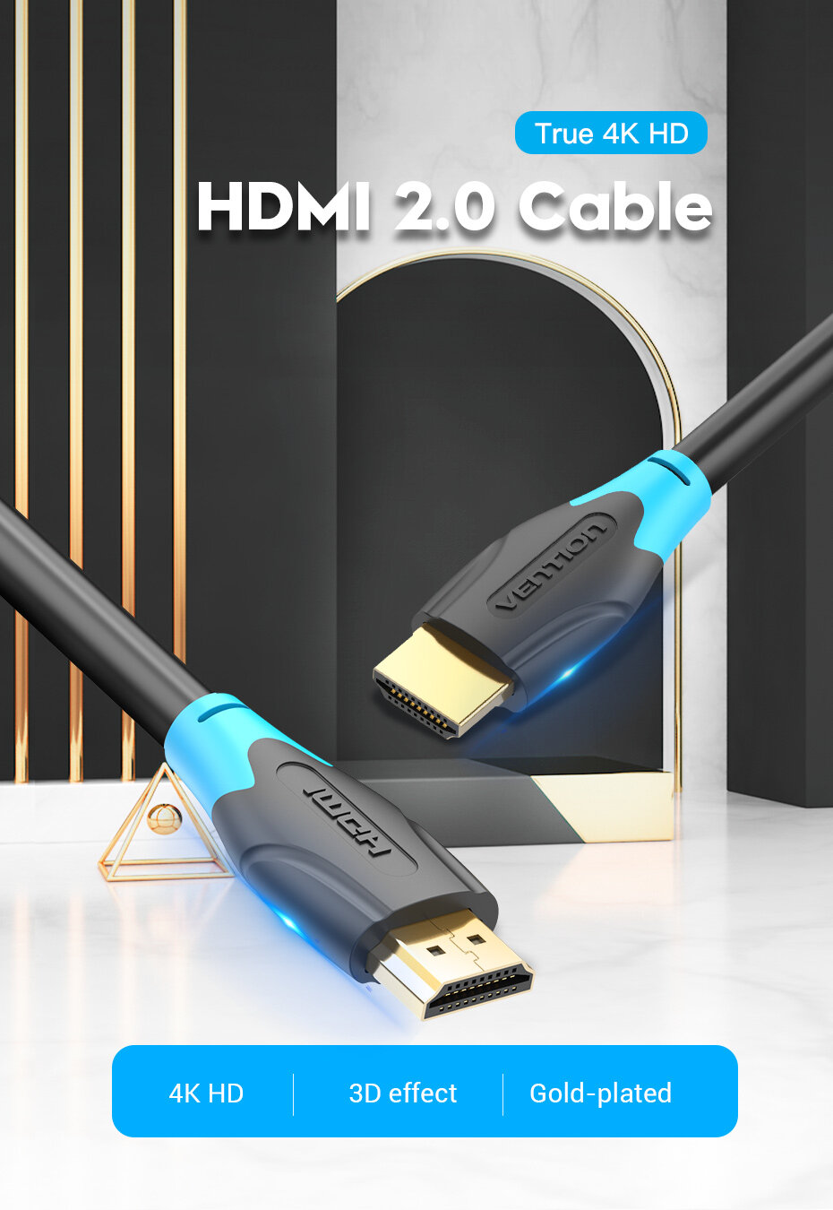 Cáp HDMI chuẩn 2.0 chất lượng  4K 60Hz Vention dây cáp HDMI tốc độ cao chuyên dụng dành cho 1080P 3D TV LCD/màn hình máy chiếu PS4/Xbox/Máy tính/Laptop - Hàng chính hãng