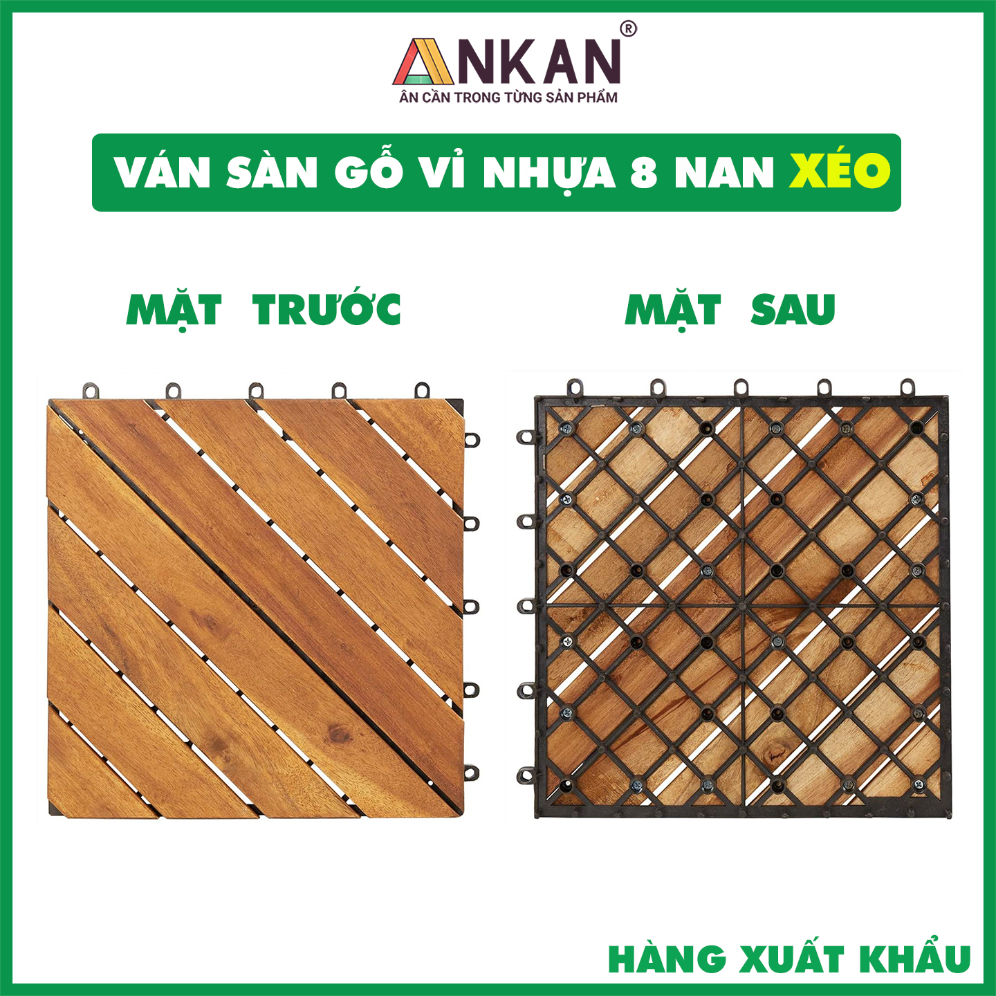 Sàn Gỗ Lót Ban Công Thương Hiệu ANKAN Màu Nâu Vàng Nan Hoa, Vỉ Gỗ Lót Sàn Dùng Để Lót Sân Vườn, Nhà Tắm, Phòng Spa, Có Phủ PU, Siêu Bền, Chống Thấm, Chống Trơn Trượt, Tiêu Chuẩn Xuất Khẩu