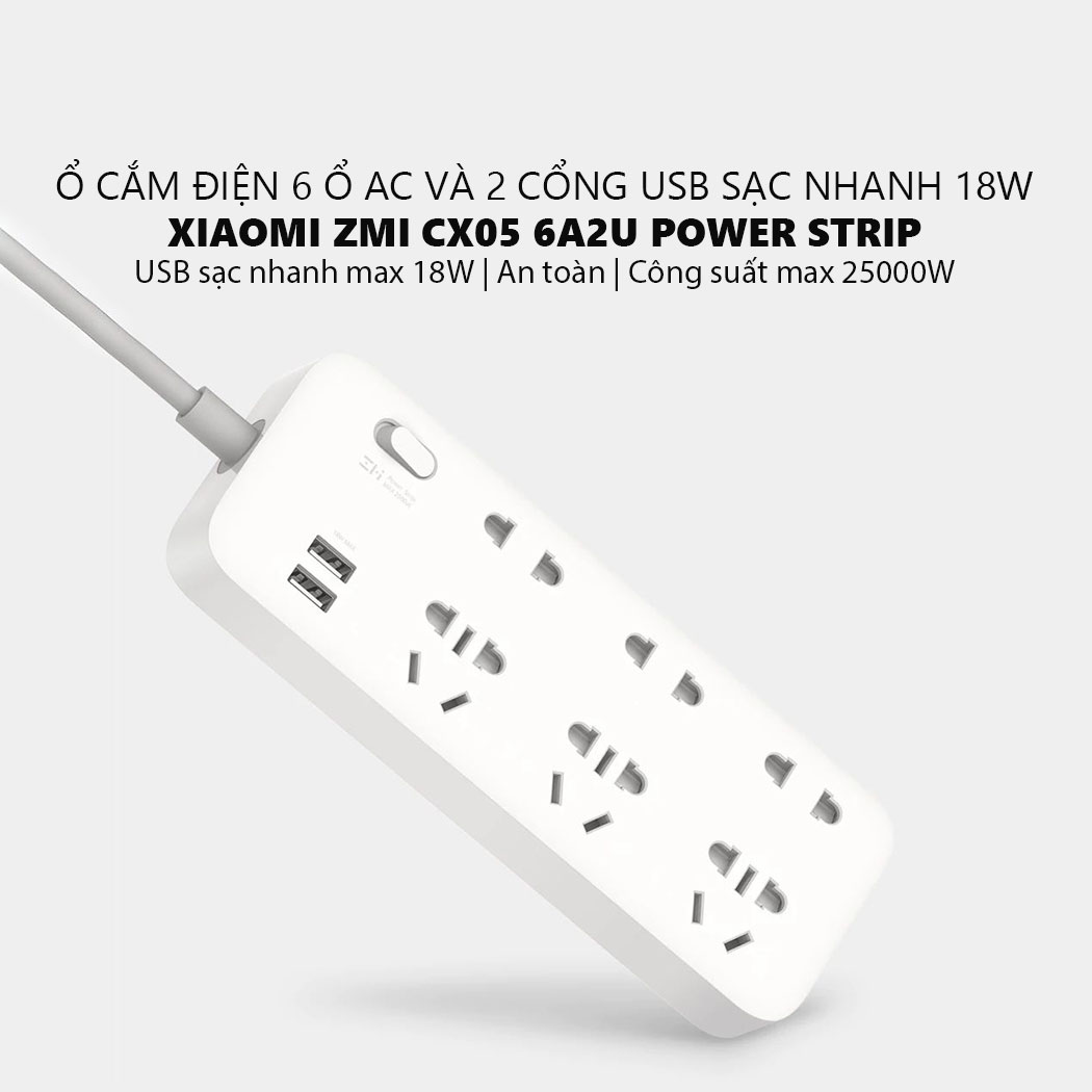 Ổ cắm điện Xiaomi Zmi CX05 6 cổng AC 2 cổng USB sạc nhanh tối đa 18W dài 1.8m - Hàng Nhập Khẩu